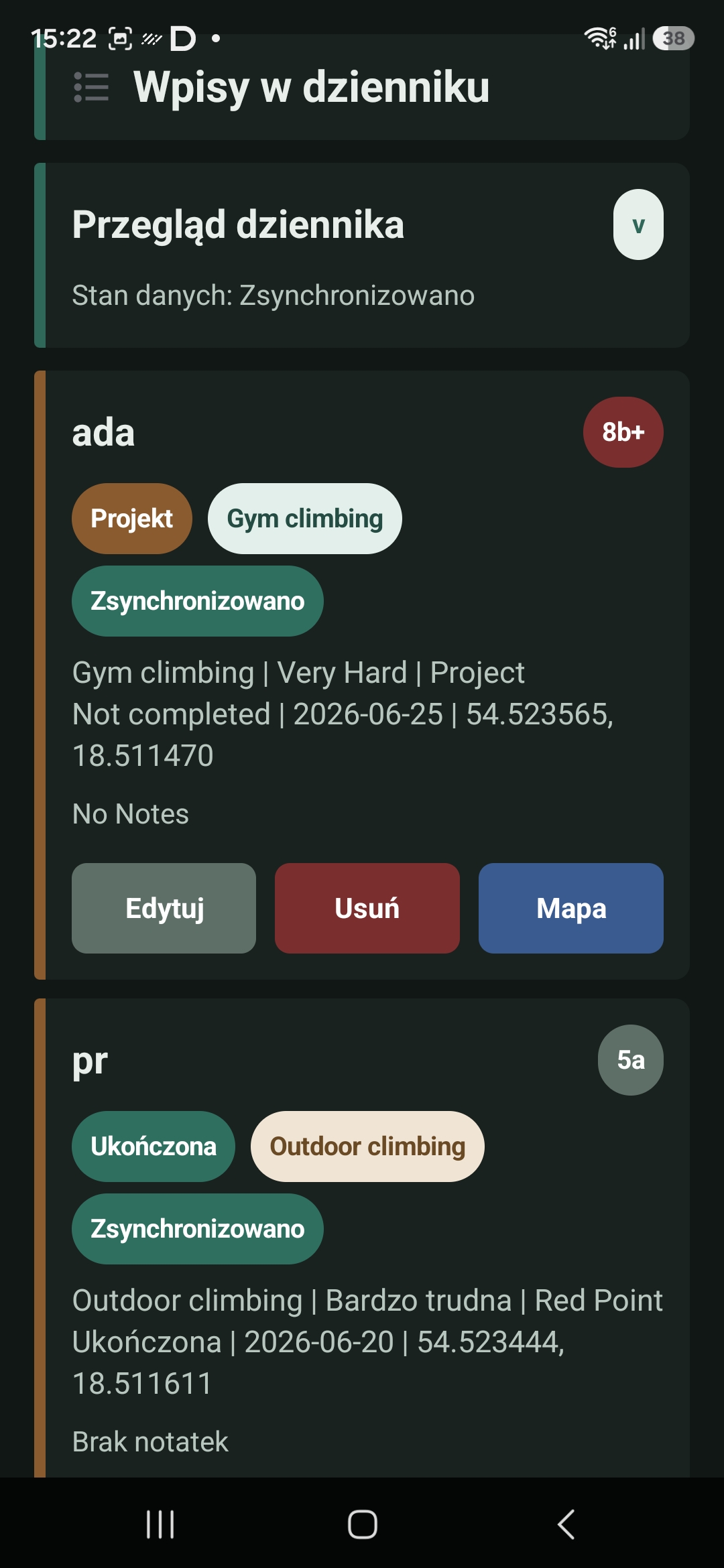 Lista wpisów wspinaczkowych w aplikacji Climbing Diary