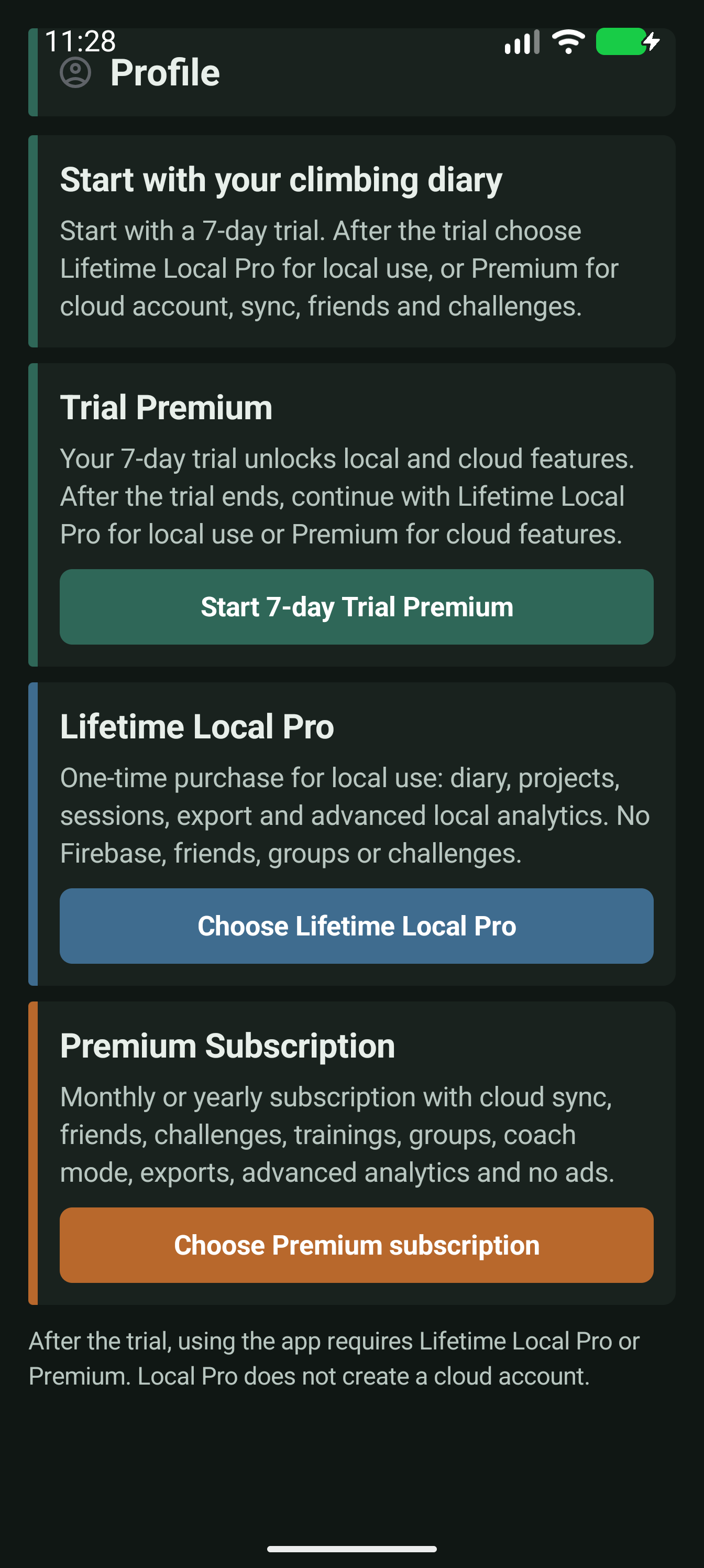 Ekran Profilu z wyborem Trial Premium, Lifetime Local Pro i Premium